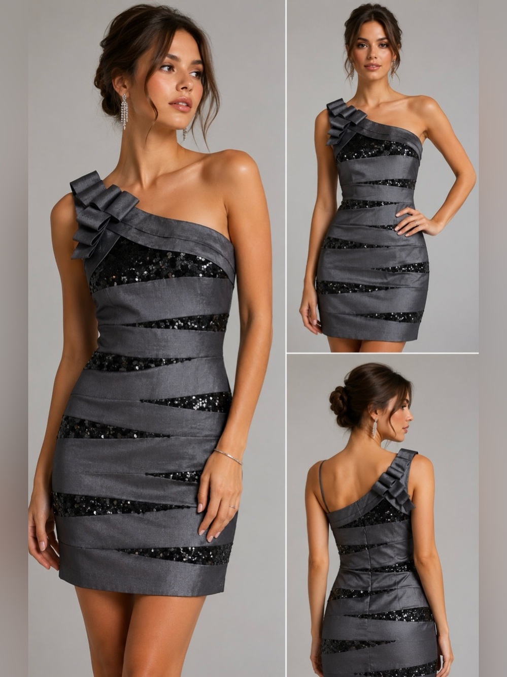 Cache One Shoulder Gray Sequin Cocktail Dress Size 2